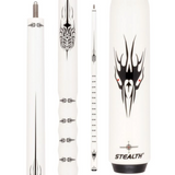 White pool cue with black tribal design and 'Stealth' branding on a white background