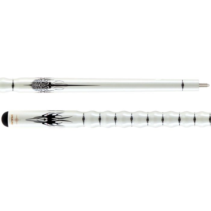 White pool cue with black design on a white background