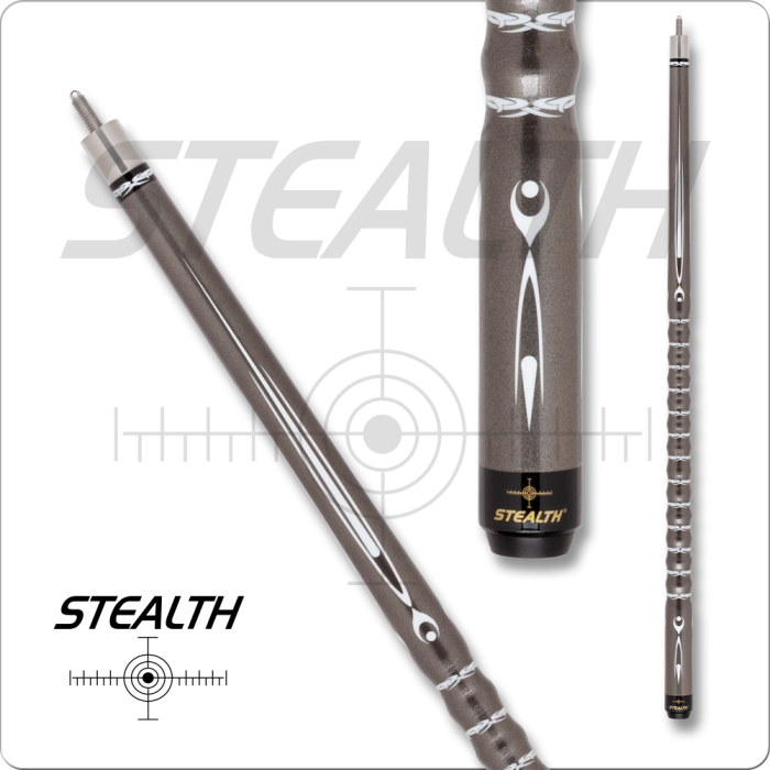 Stealth pool cue with close-up on branding and design details on a white background
