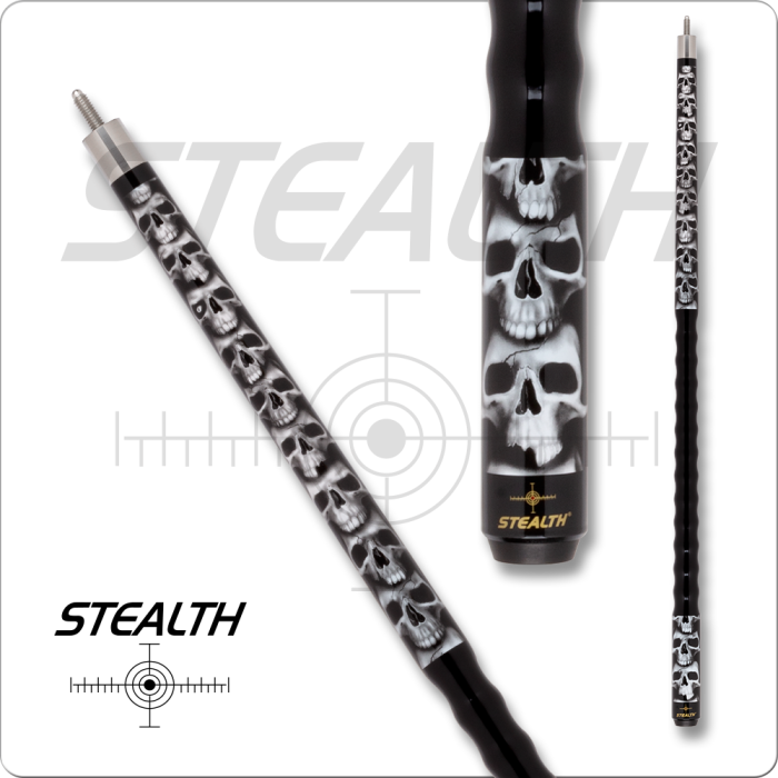 Stealth brand pool cue with skull design on a white background