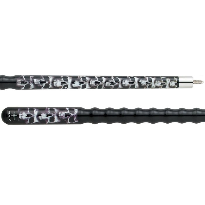 Black and gray patterned pool cue on a white background