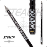Stealth brand pool cue with skull design on a white background