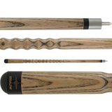 Wooden pool cue with black and silver accents on a white background