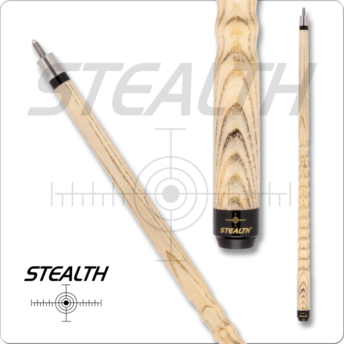 Wooden pool cue with 'Stealth' branding on a white background