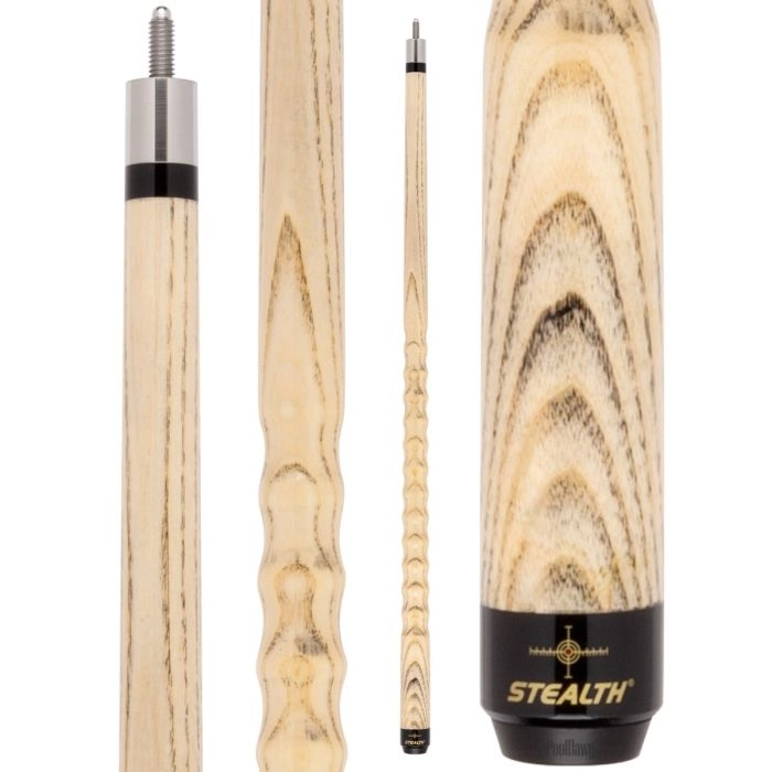 Wooden pool cue with 'Stealth' branding on a white background
