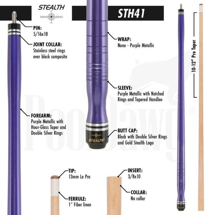 Stealth STH41 pool cue with detailed specifications on a white background