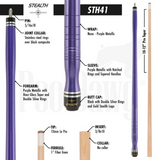 Stealth STH41 pool cue with detailed specifications on a white background