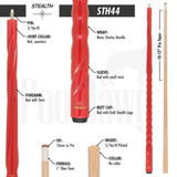 Red pool cue with labeled parts on a white background