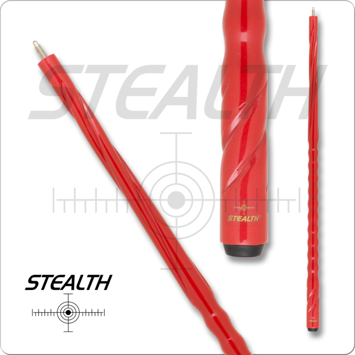 Red pool cue with 'Stealth' branding on a white background