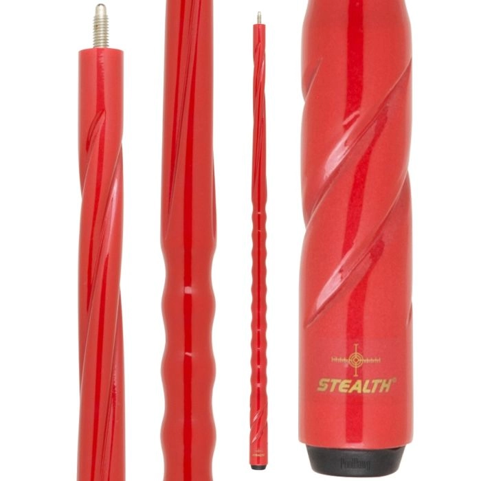 Red pool cue with 'Stealth' branding on a white background