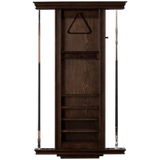 Wooden pool cue rack with shelves on a white background