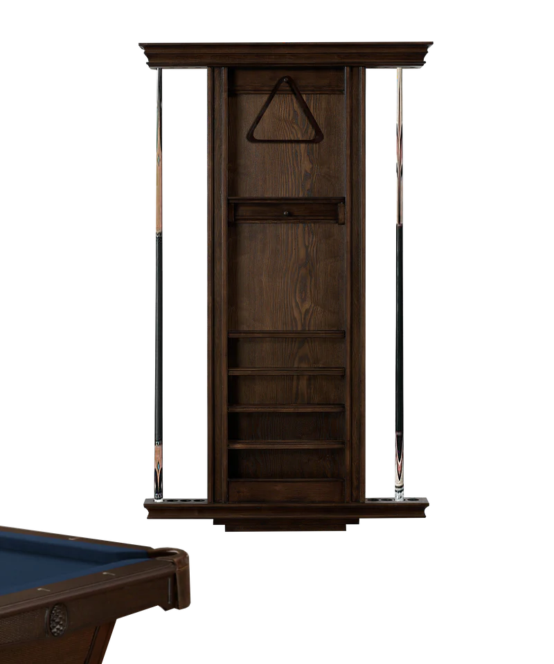 Wooden pool table sideboard with shelves and pool cues on a white background