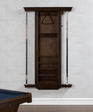 Wooden wall-mounted pool cue rack against a white brick wall.